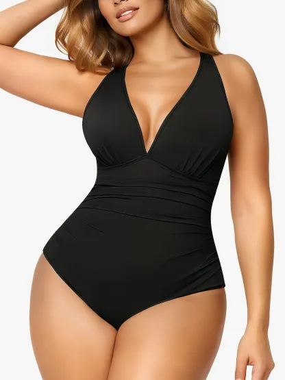 Deep Plunge Ruched One-Piece Swimsuit