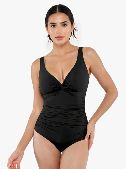 Deep Plunge Twist Front Ruched One-Piece Swimsuit