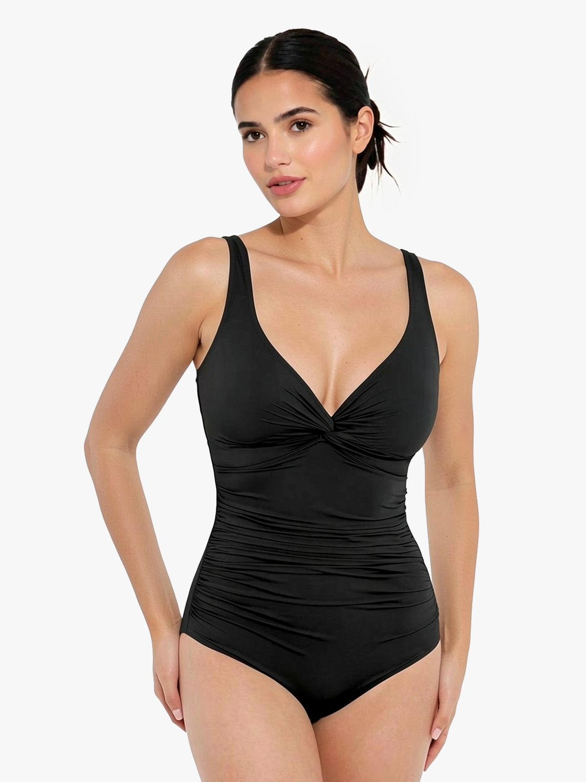 Deep Plunge Twist Front Ruched One-Piece Swimsuit