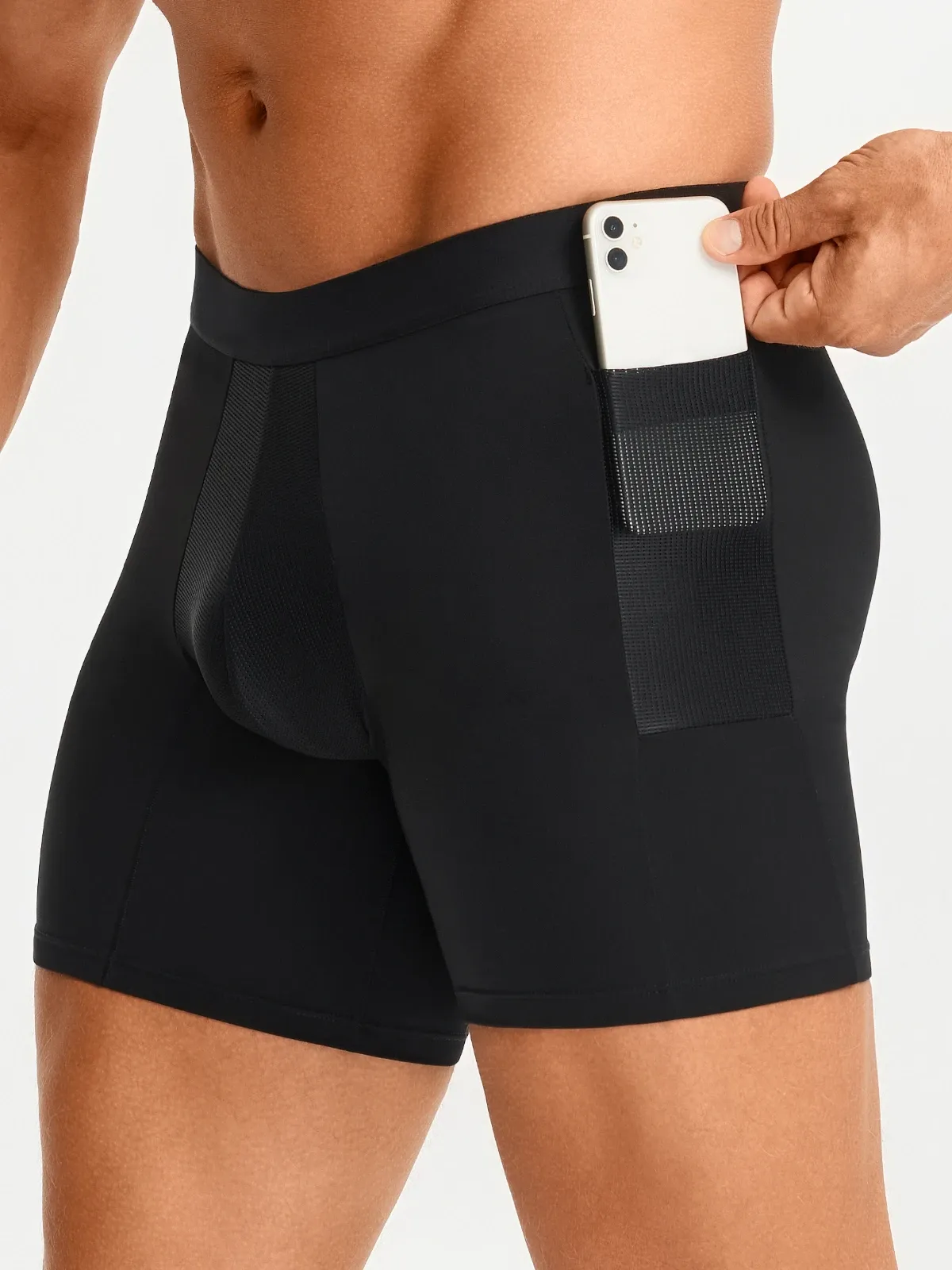 Mid-Waist Compression Boxer Briefs with Phone Pocket For Men