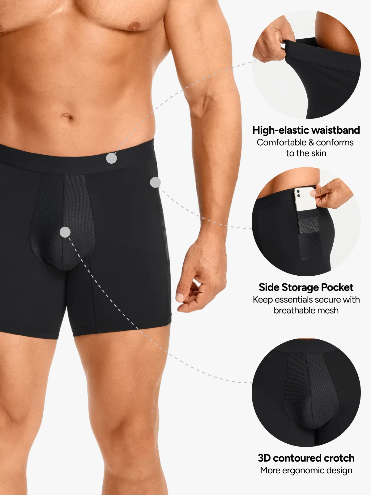 Mid-Waist Compression Boxer Briefs with Phone Pocket For Men