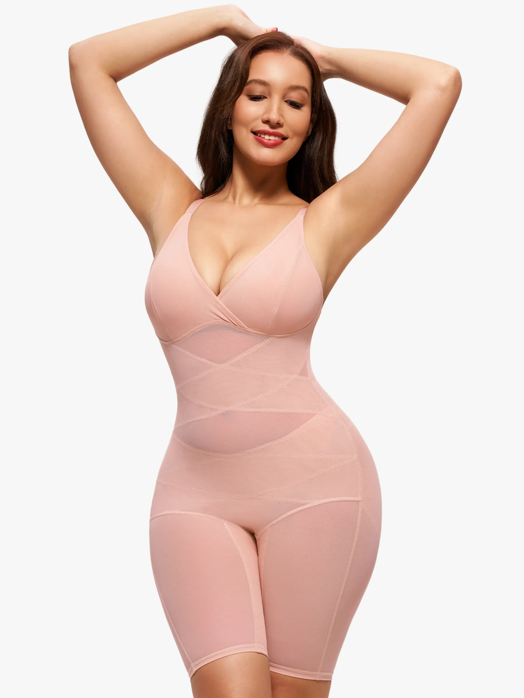 Mesh Tummy Control V-Neck Mid Thigh Bodysuit