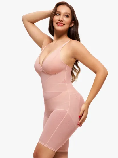 Mesh Tummy Control V-Neck Mid Thigh Bodysuit