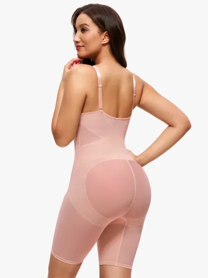 Mesh Tummy Control V-Neck Mid Thigh Bodysuit
