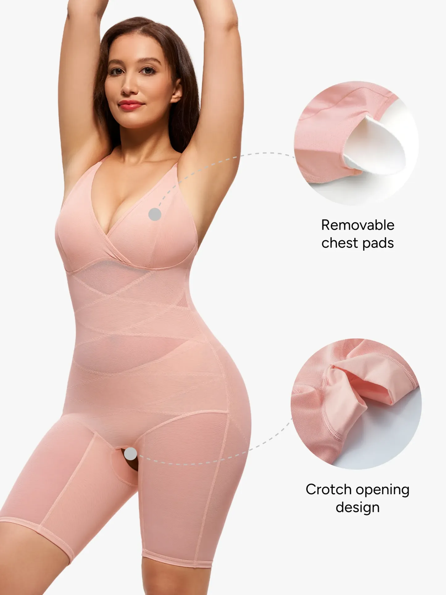 Mesh Tummy Control V-Neck Mid Thigh Bodysuit
