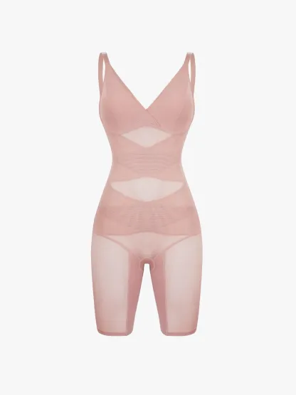 Mesh Tummy Control V-Neck Mid Thigh Bodysuit