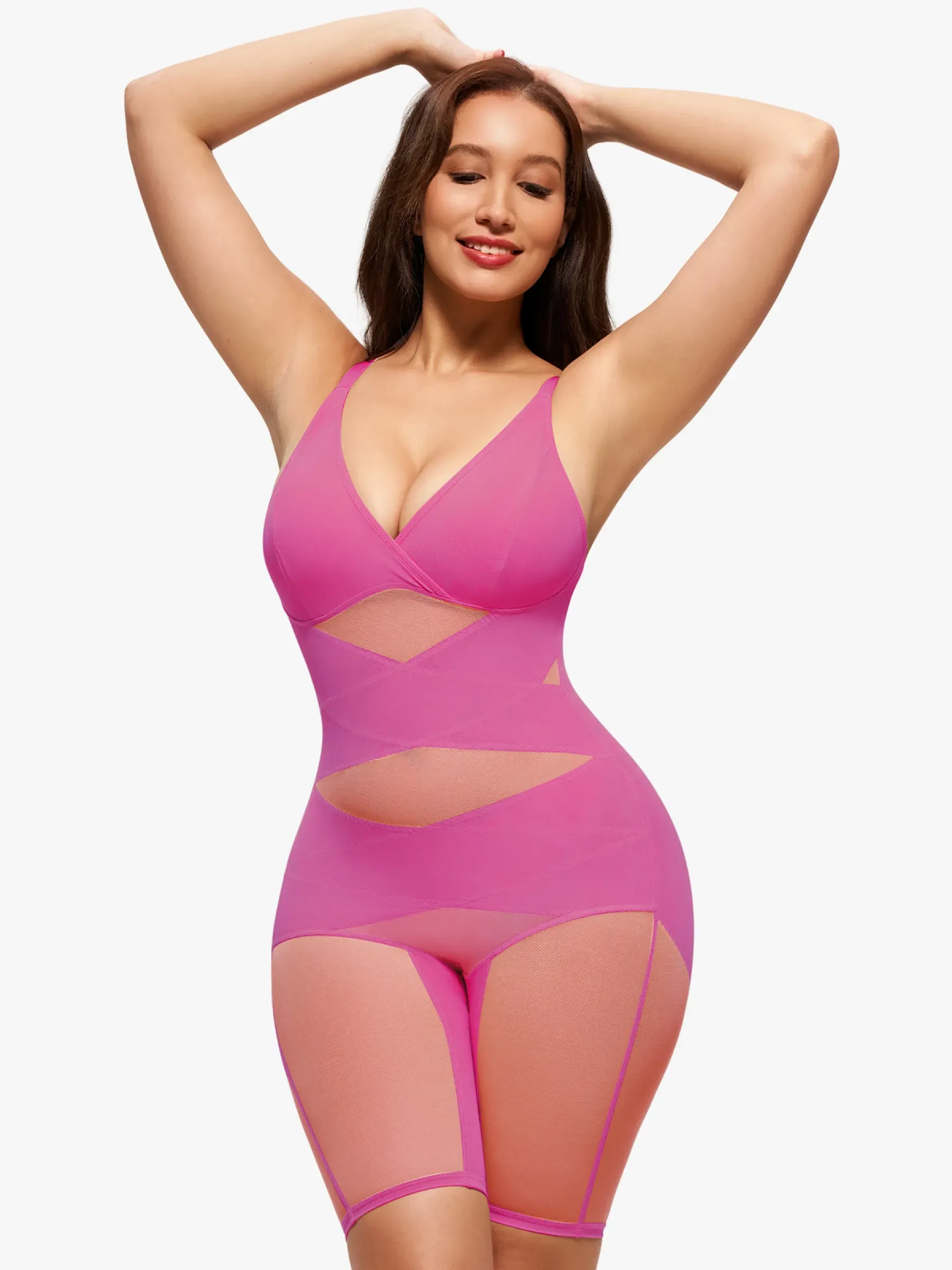 Mesh Tummy Control V-Neck Mid Thigh Bodysuit
