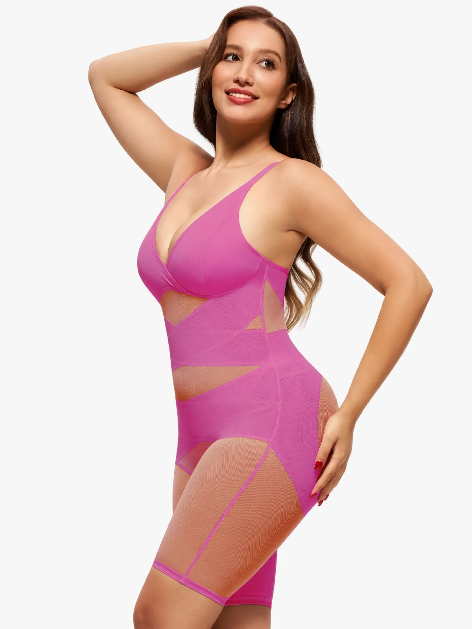 Mesh Tummy Control V-Neck Mid Thigh Bodysuit