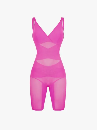 Mesh Tummy Control V-Neck Mid Thigh Bodysuit