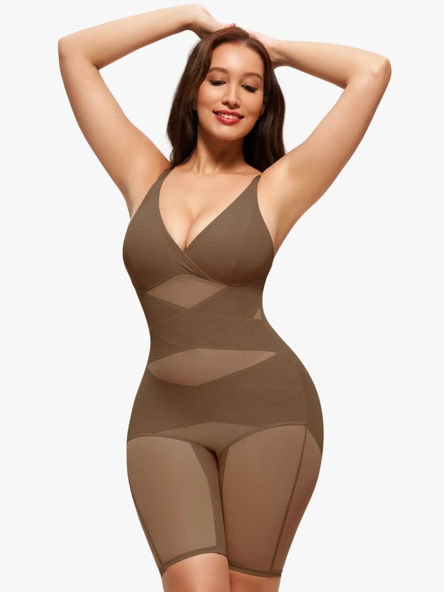 Mesh Tummy Control V-Neck Mid Thigh Bodysuit