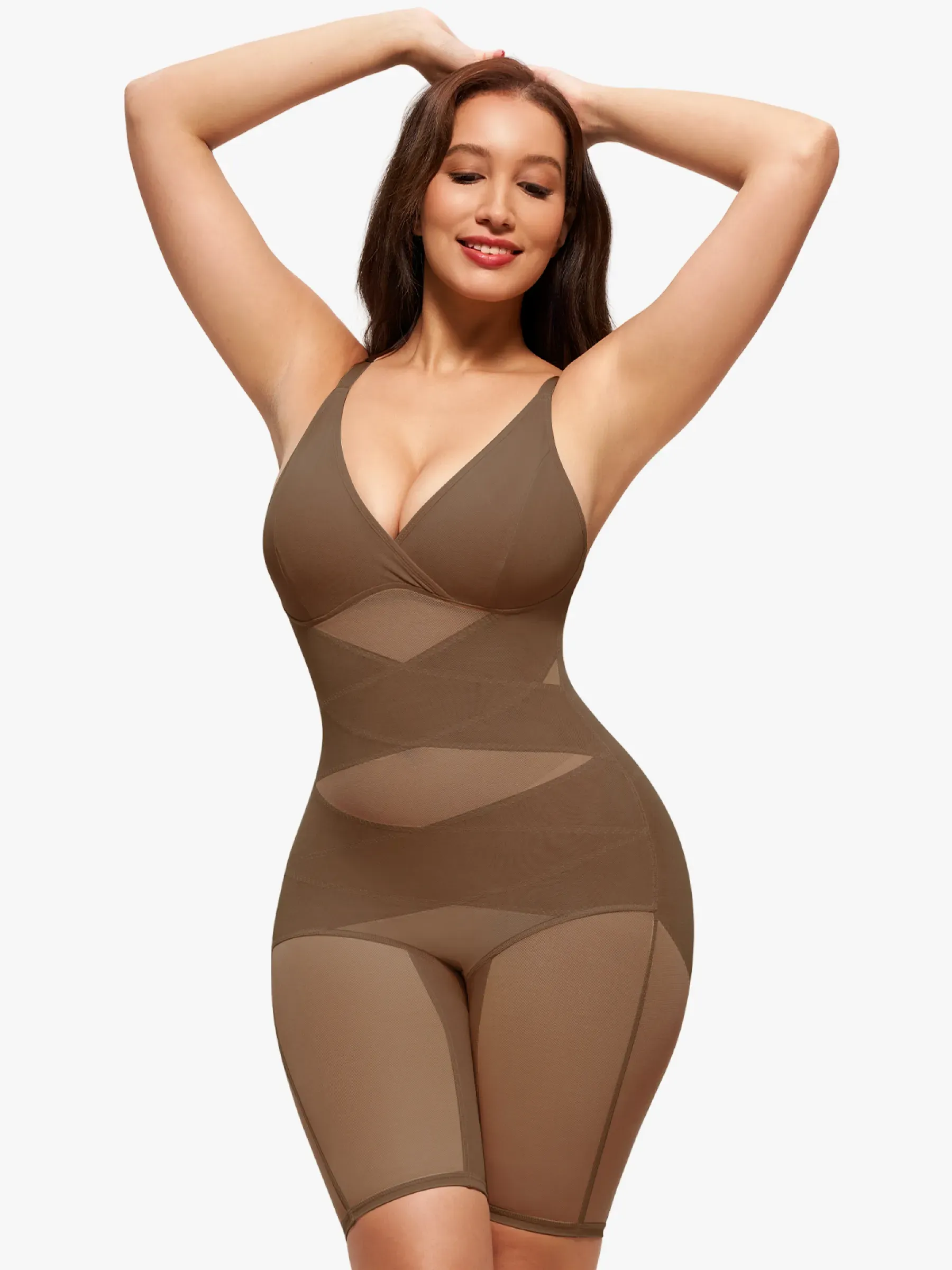 Mesh Tummy Control V-Neck Mid Thigh Bodysuit