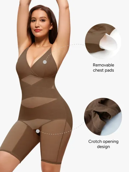Mesh Tummy Control V-Neck Mid Thigh Bodysuit