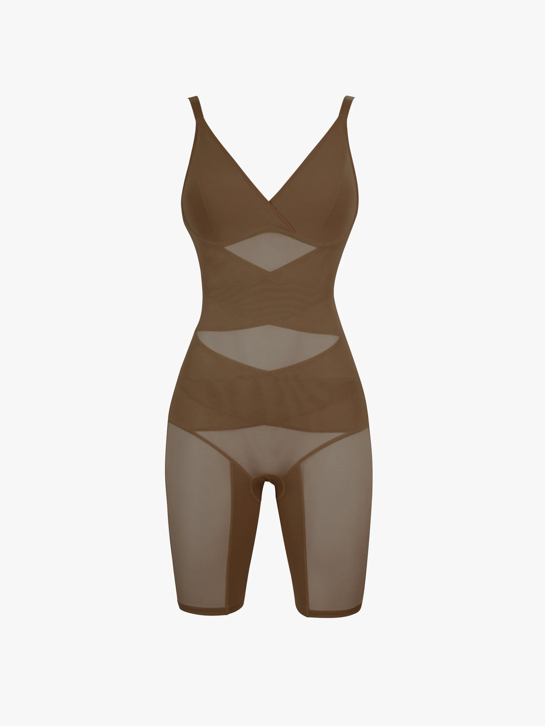 Mesh Tummy Control V-Neck Mid Thigh Bodysuit