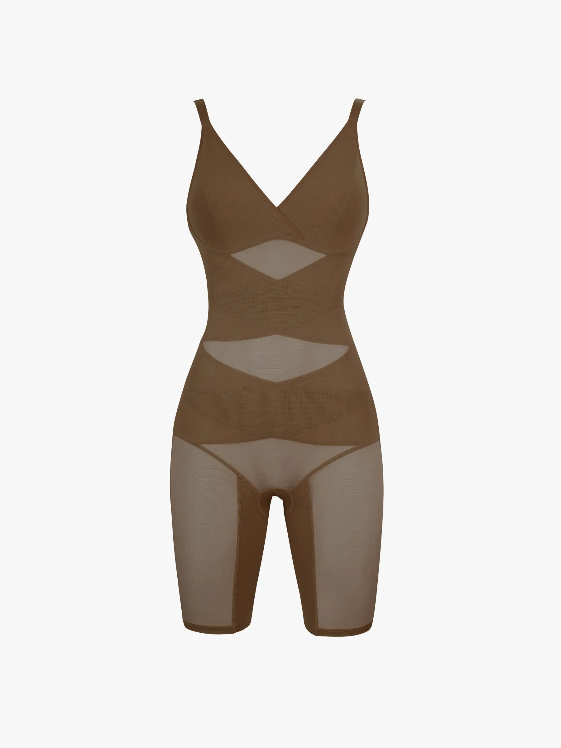 Mesh Tummy Control V-Neck Mid Thigh Bodysuit