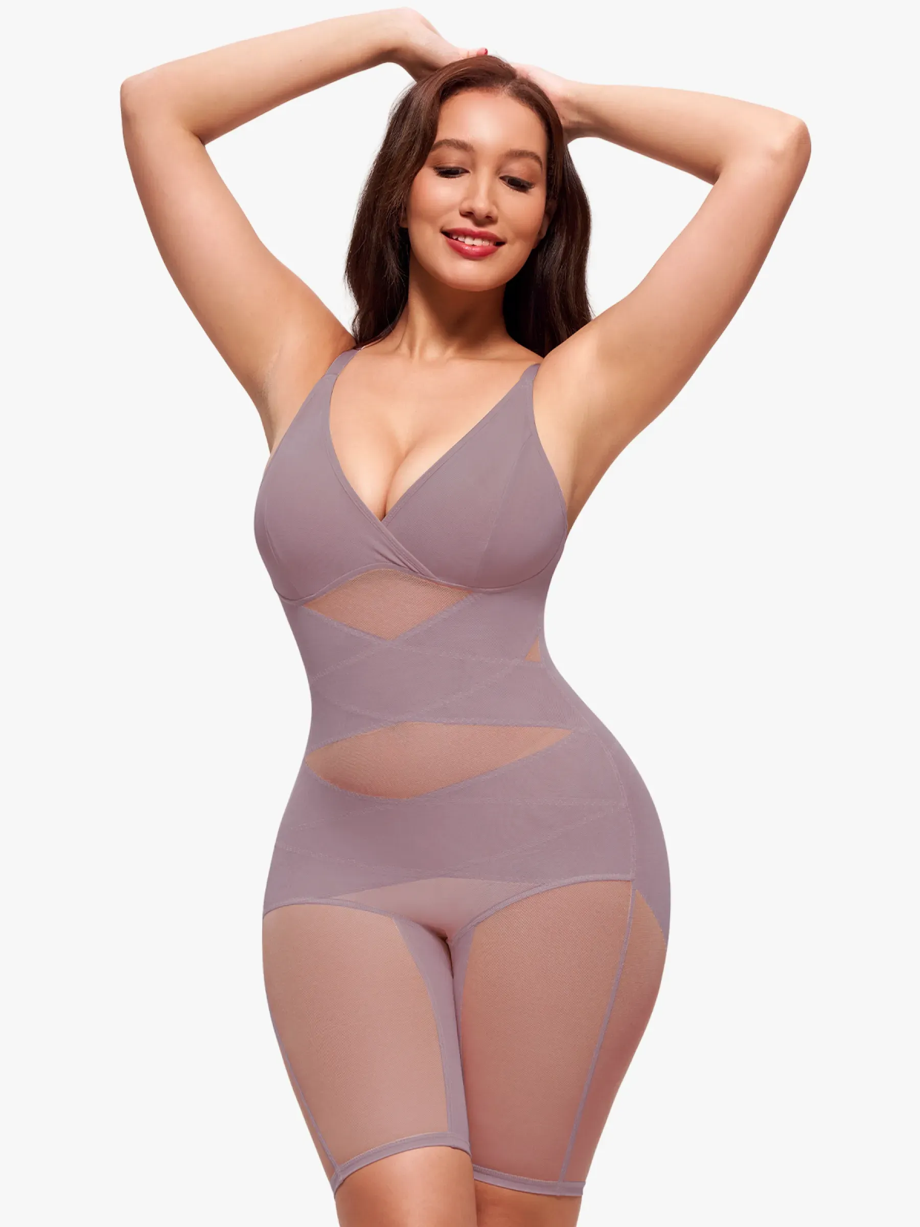 Mesh Tummy Control V-Neck Mid Thigh Bodysuit