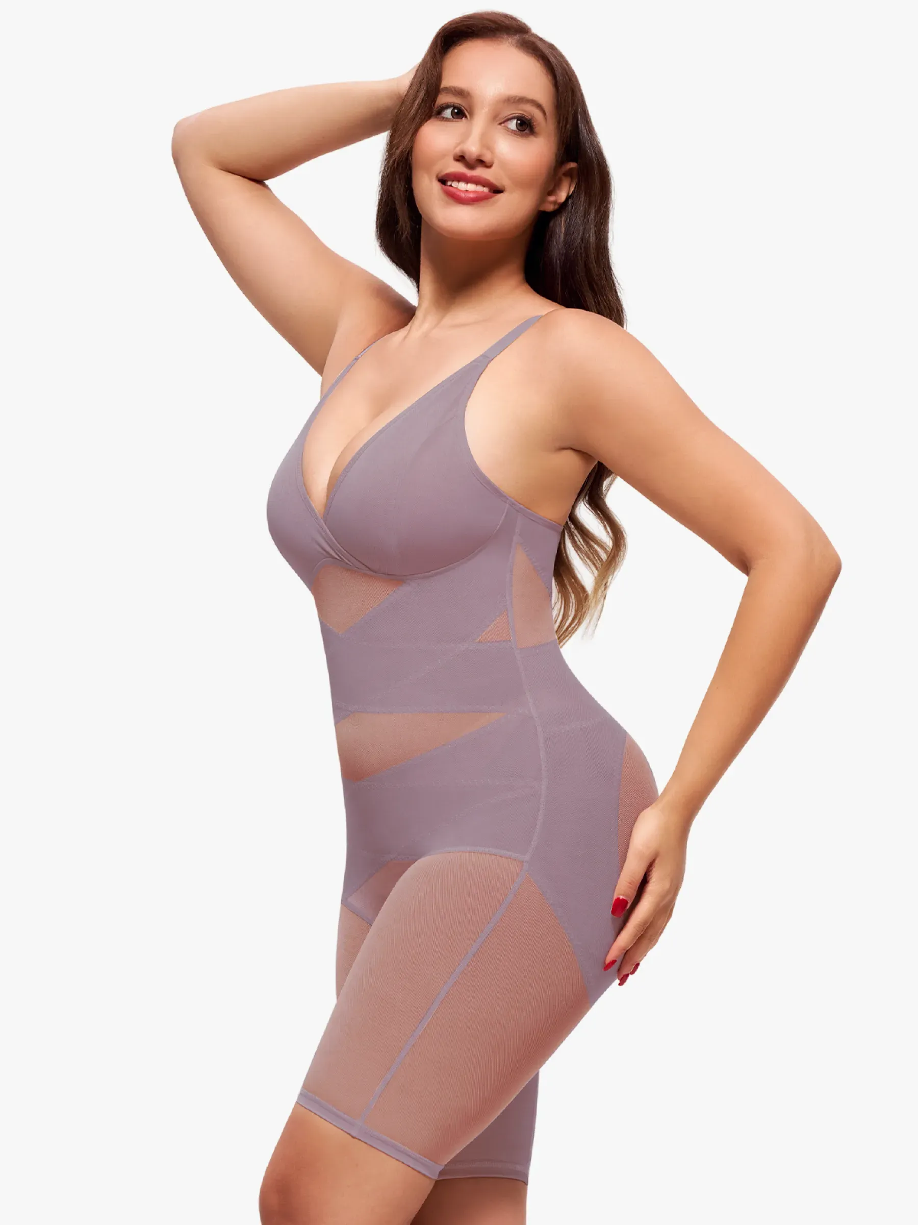 Mesh Tummy Control V-Neck Mid Thigh Bodysuit