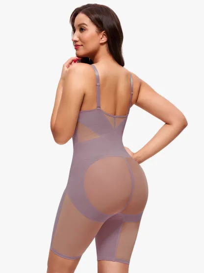 Mesh Tummy Control V-Neck Mid Thigh Bodysuit