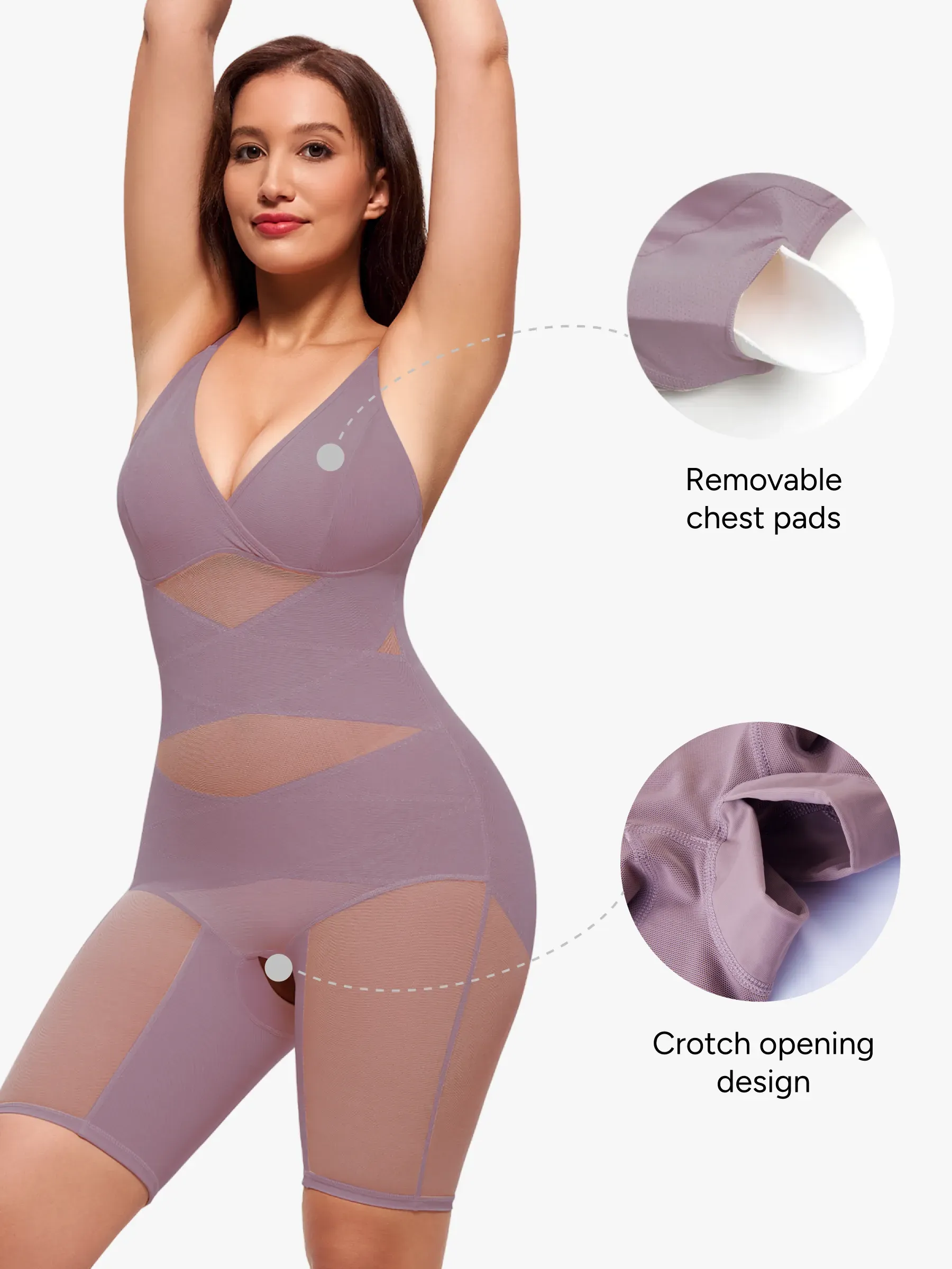 Mesh Tummy Control V-Neck Mid Thigh Bodysuit