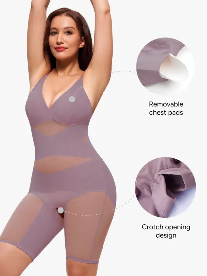 Mesh Tummy Control V-Neck Mid Thigh Bodysuit