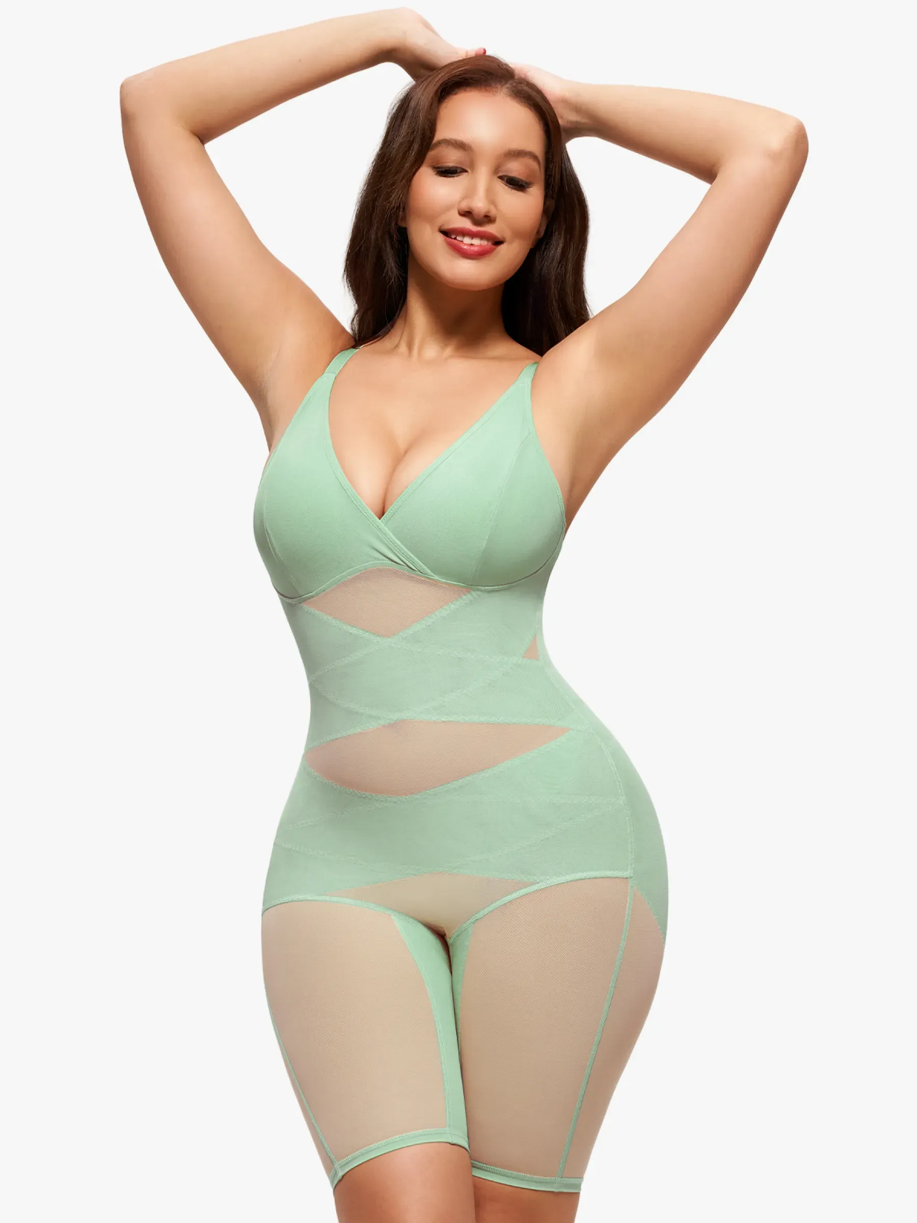 Mesh Tummy Control V-Neck Mid Thigh Bodysuit