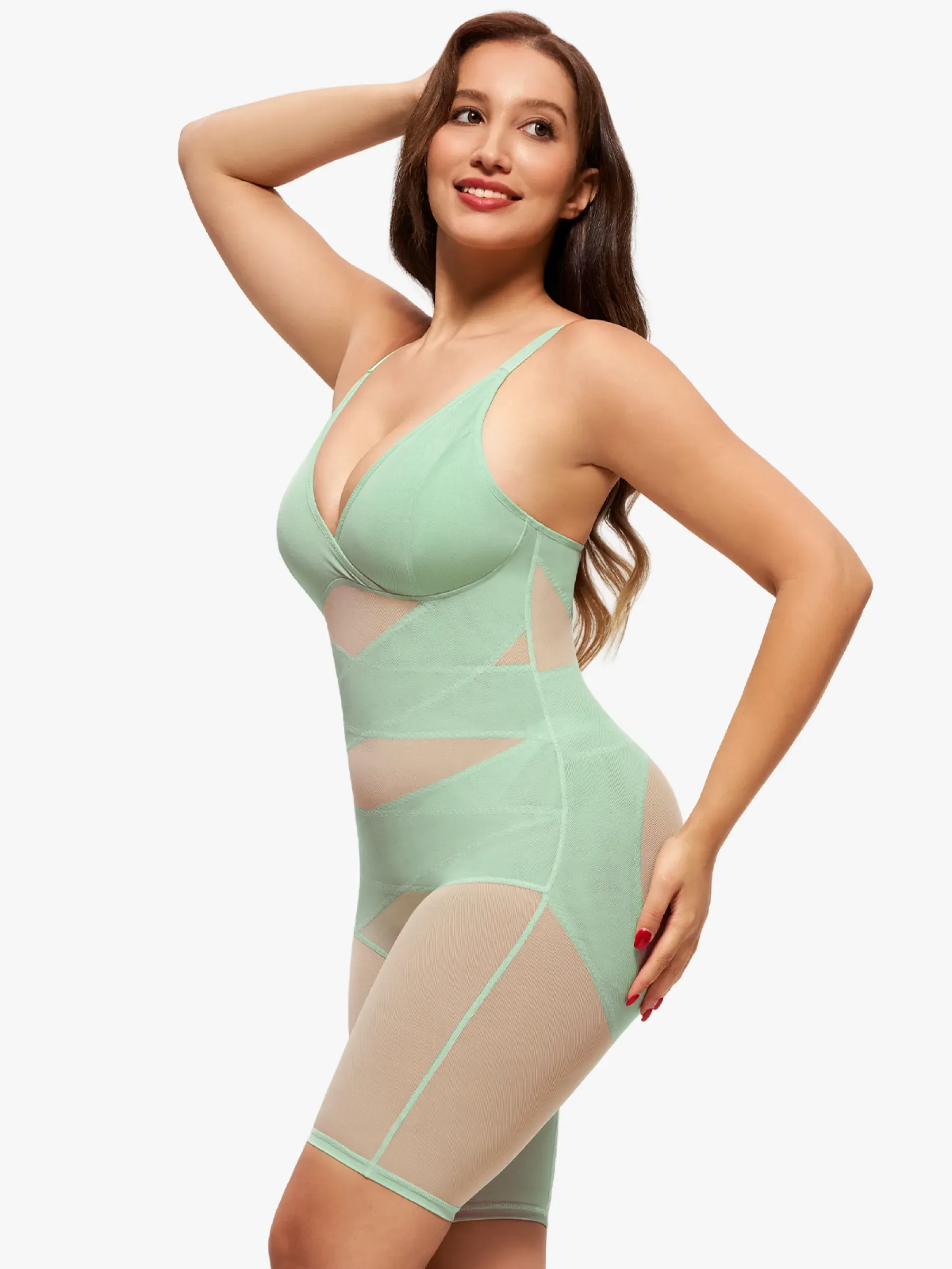 Mesh Tummy Control V-Neck Mid Thigh Bodysuit