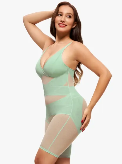 Mesh Tummy Control V-Neck Mid Thigh Bodysuit
