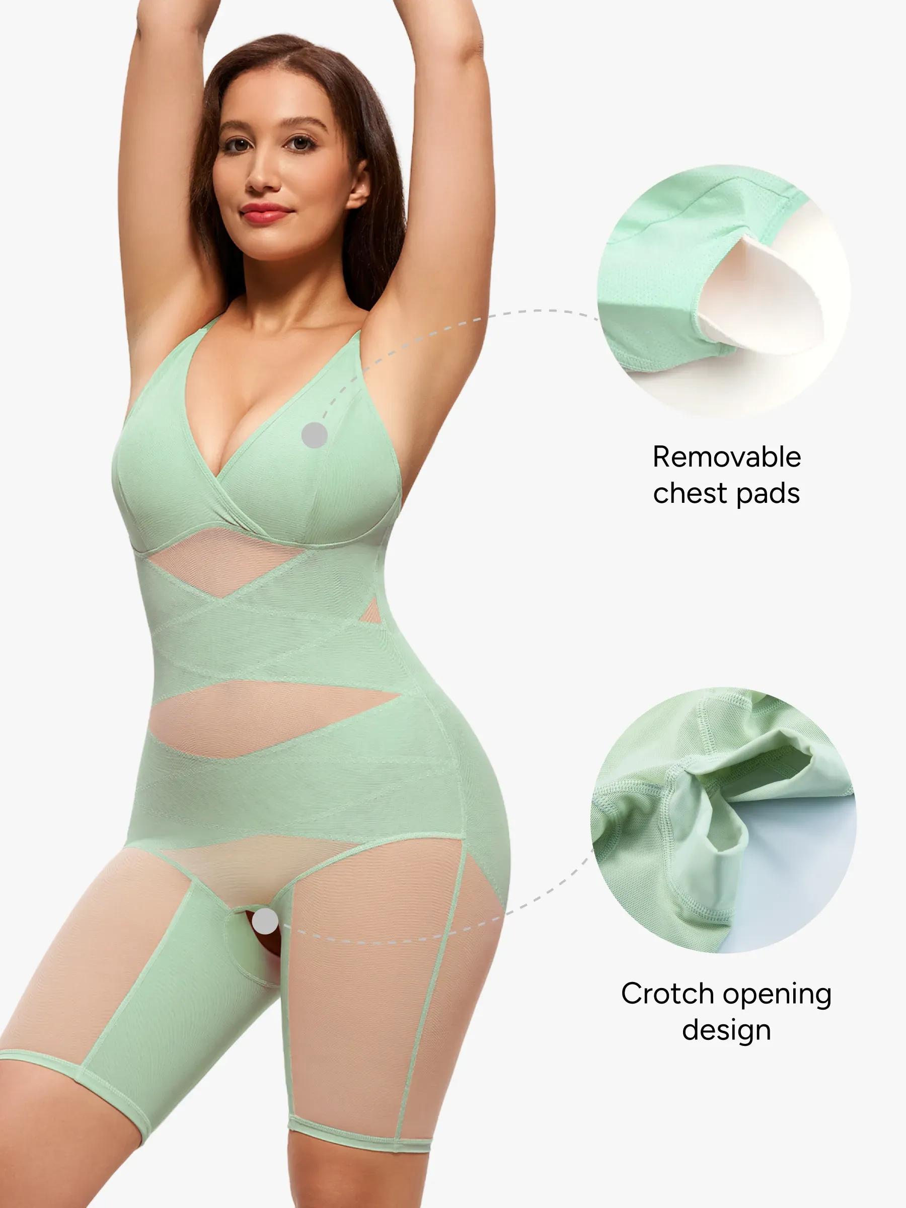 Mesh Tummy Control V-Neck Mid Thigh Bodysuit