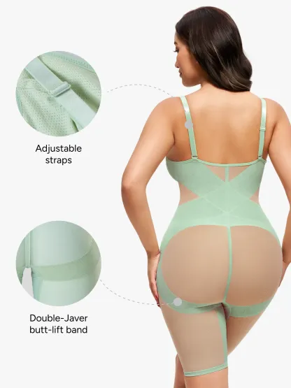 Mesh Tummy Control V-Neck Mid Thigh Bodysuit