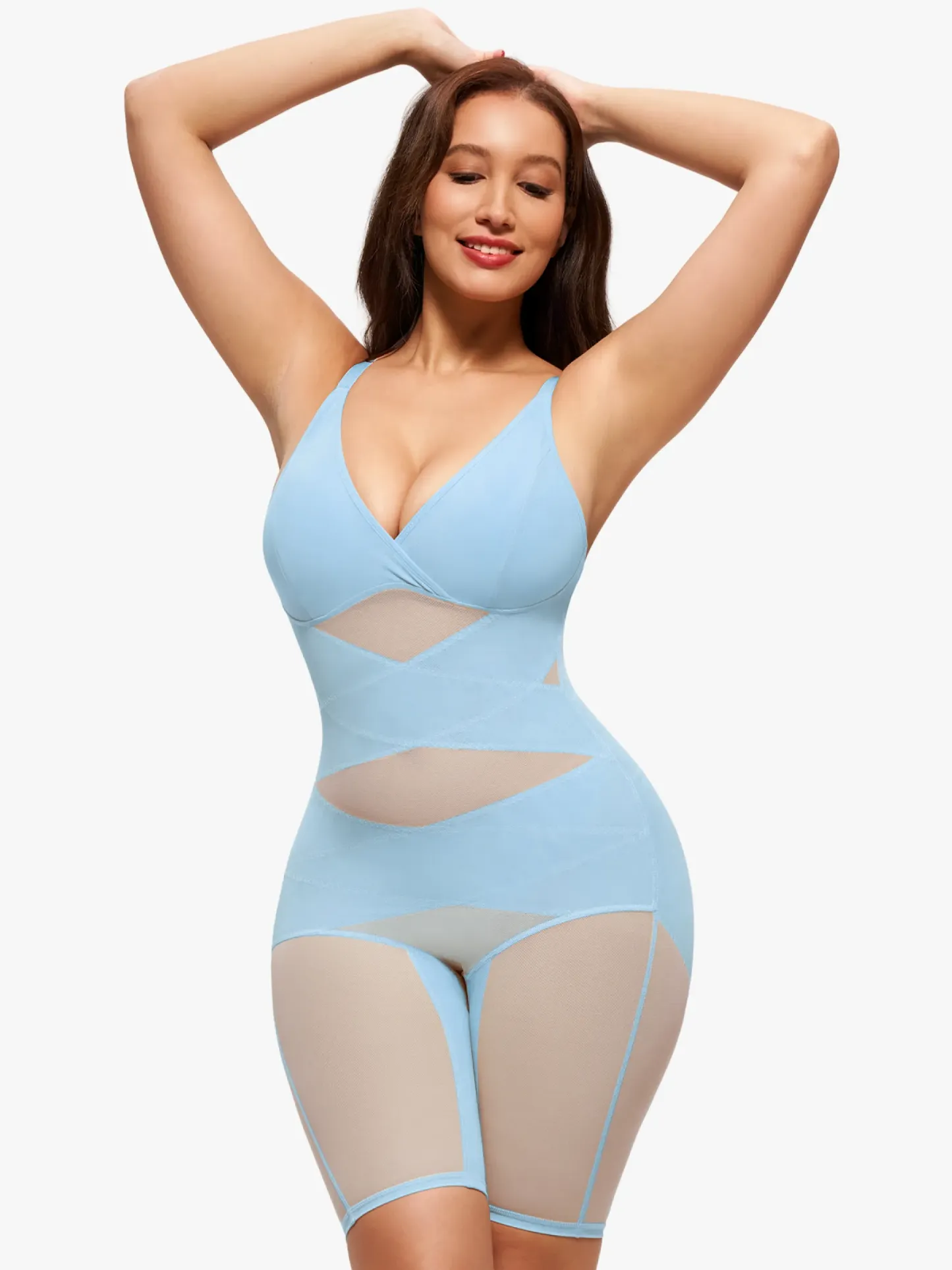 Mesh Tummy Control V-Neck Mid Thigh Bodysuit