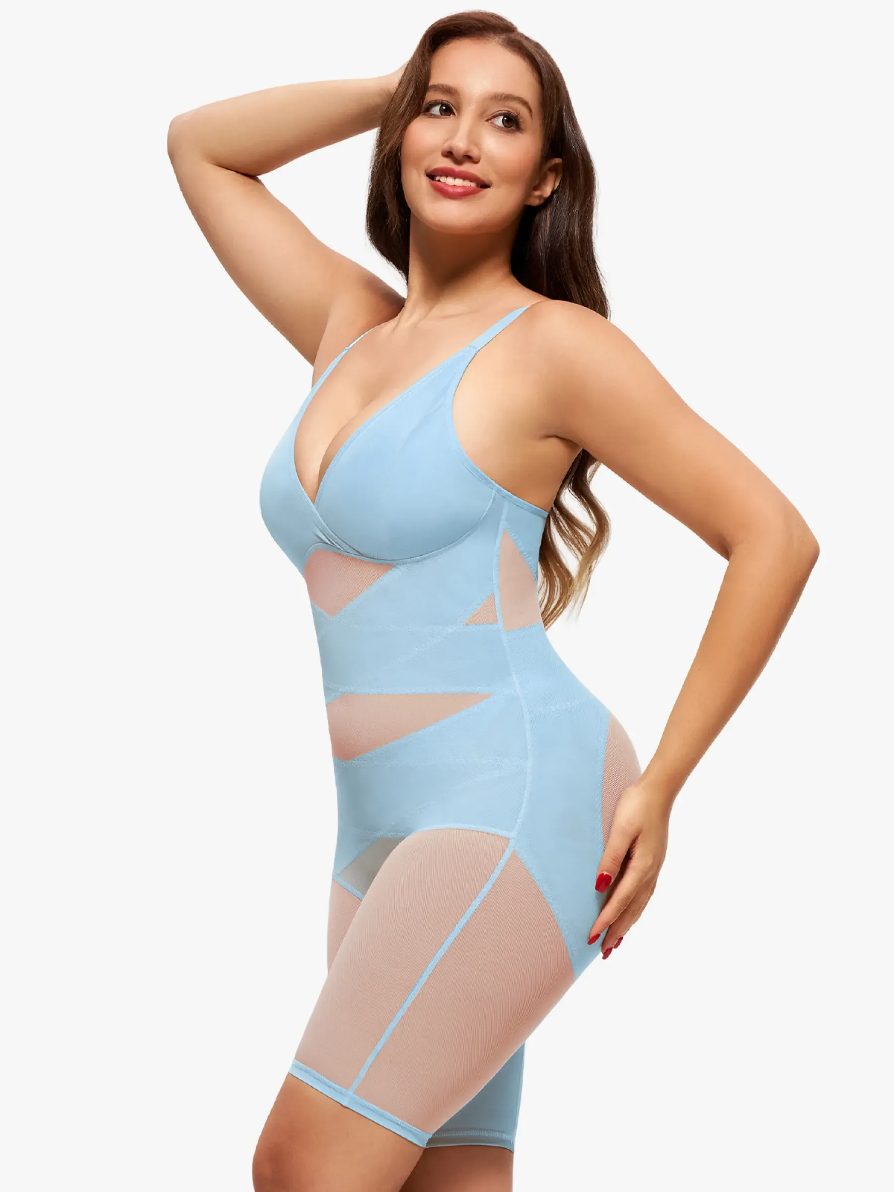Mesh Tummy Control V-Neck Mid Thigh Bodysuit