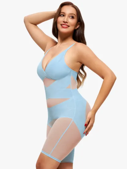 Mesh Tummy Control V-Neck Mid Thigh Bodysuit