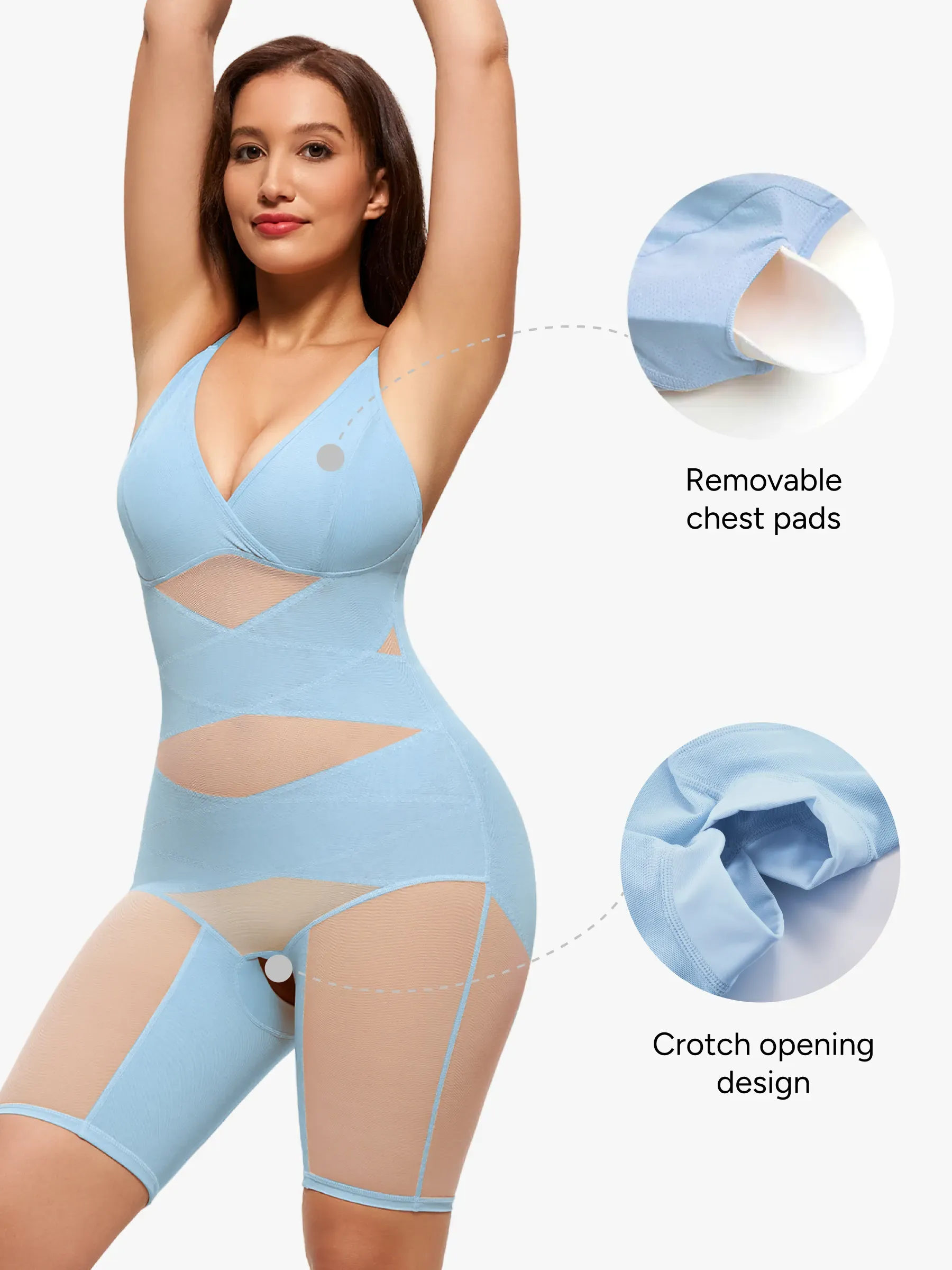 Mesh Tummy Control V-Neck Mid Thigh Bodysuit