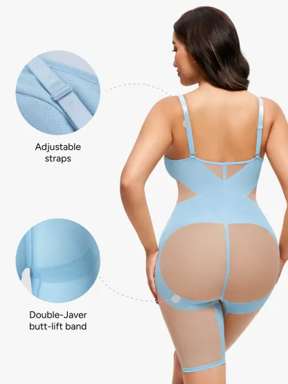 Mesh Tummy Control V-Neck Mid Thigh Bodysuit