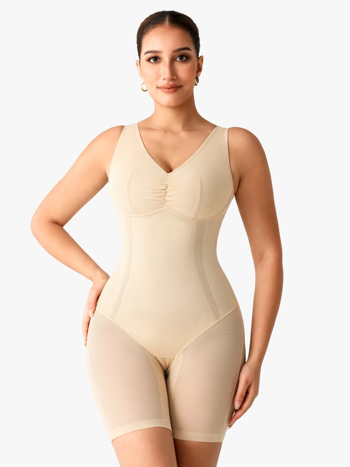 Women Mesh Mid-Thigh Bodysuit Double Smoothing Tank Body Shaper
