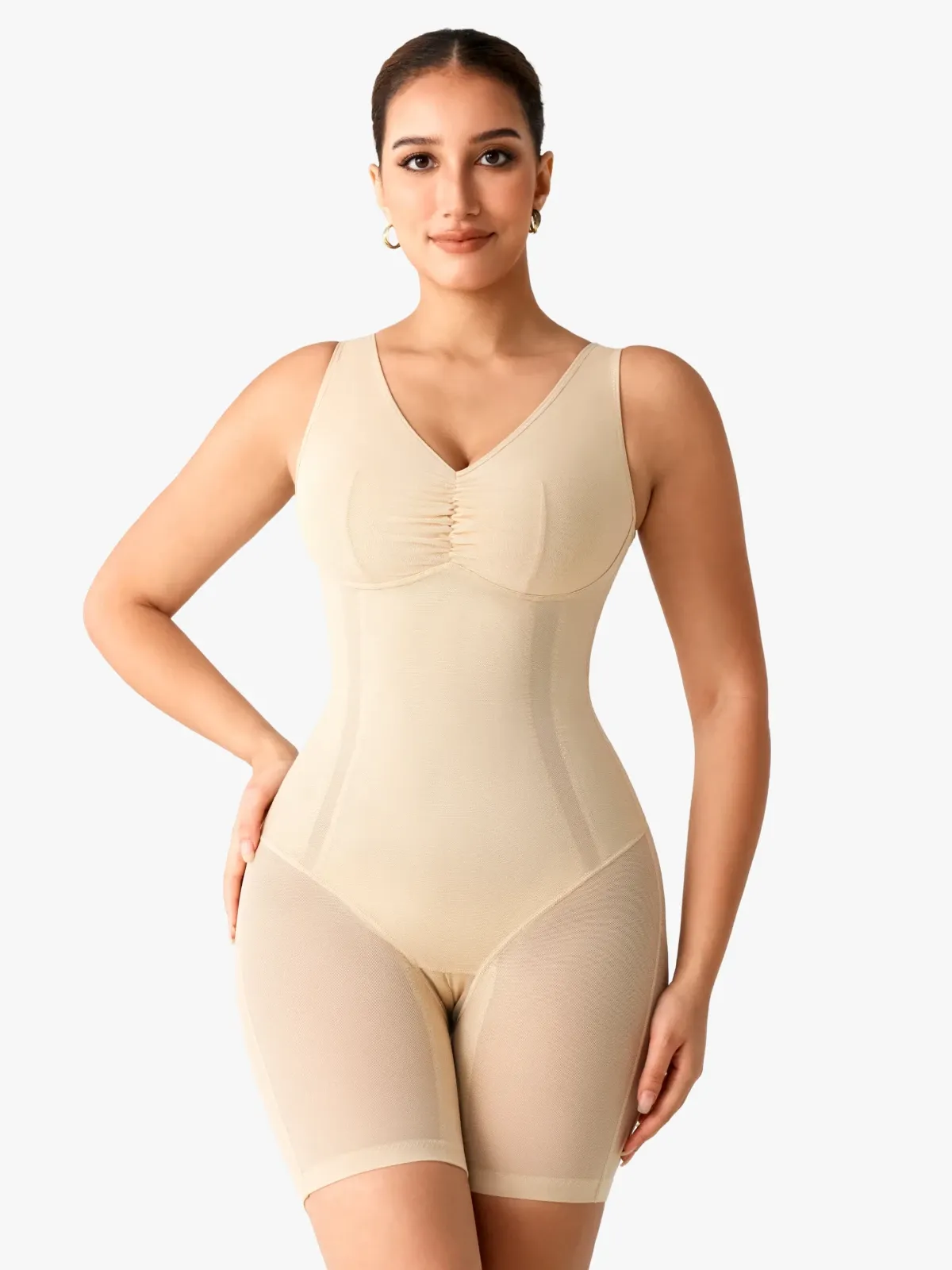 Women Mesh Mid-Thigh Bodysuit Double Smoothing Tank Body Shaper