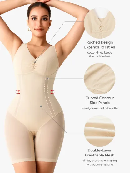 Women Mesh Mid-Thigh Bodysuit Double Smoothing Tank Body Shaper