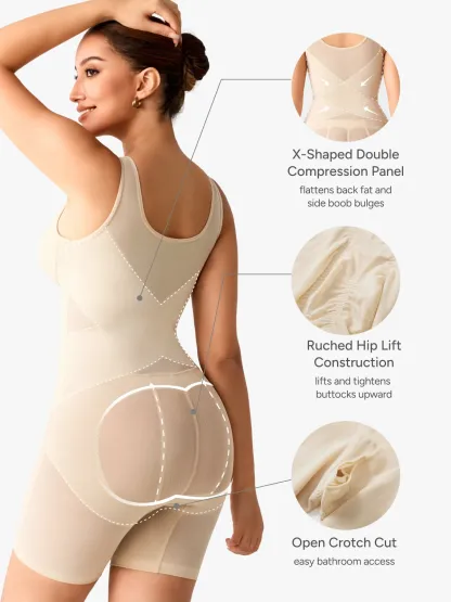 Women Mesh Mid-Thigh Bodysuit Double Smoothing Tank Body Shaper