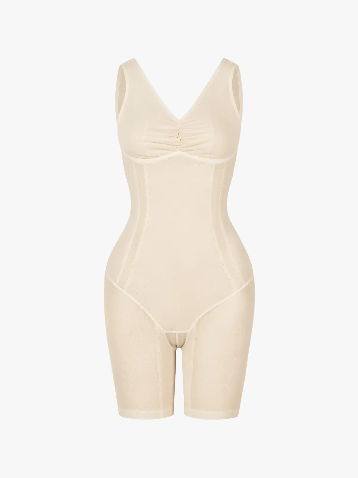 Women Mesh Mid-Thigh Bodysuit Double Smoothing Tank Body Shaper
