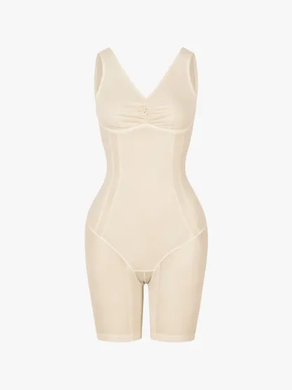 Women Mesh Mid-Thigh Bodysuit Double Smoothing Tank Body Shaper
