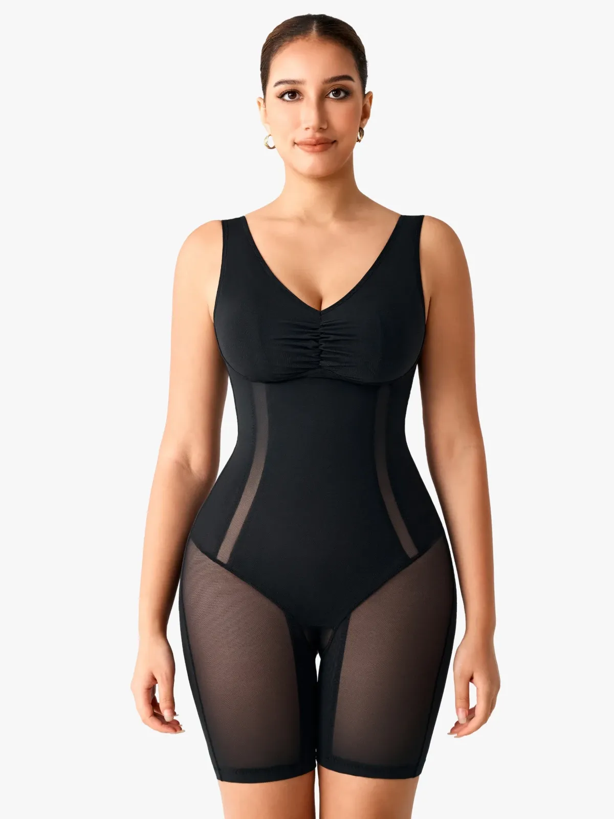Women Mesh Mid-Thigh Bodysuit Double Smoothing Tank Body Shaper