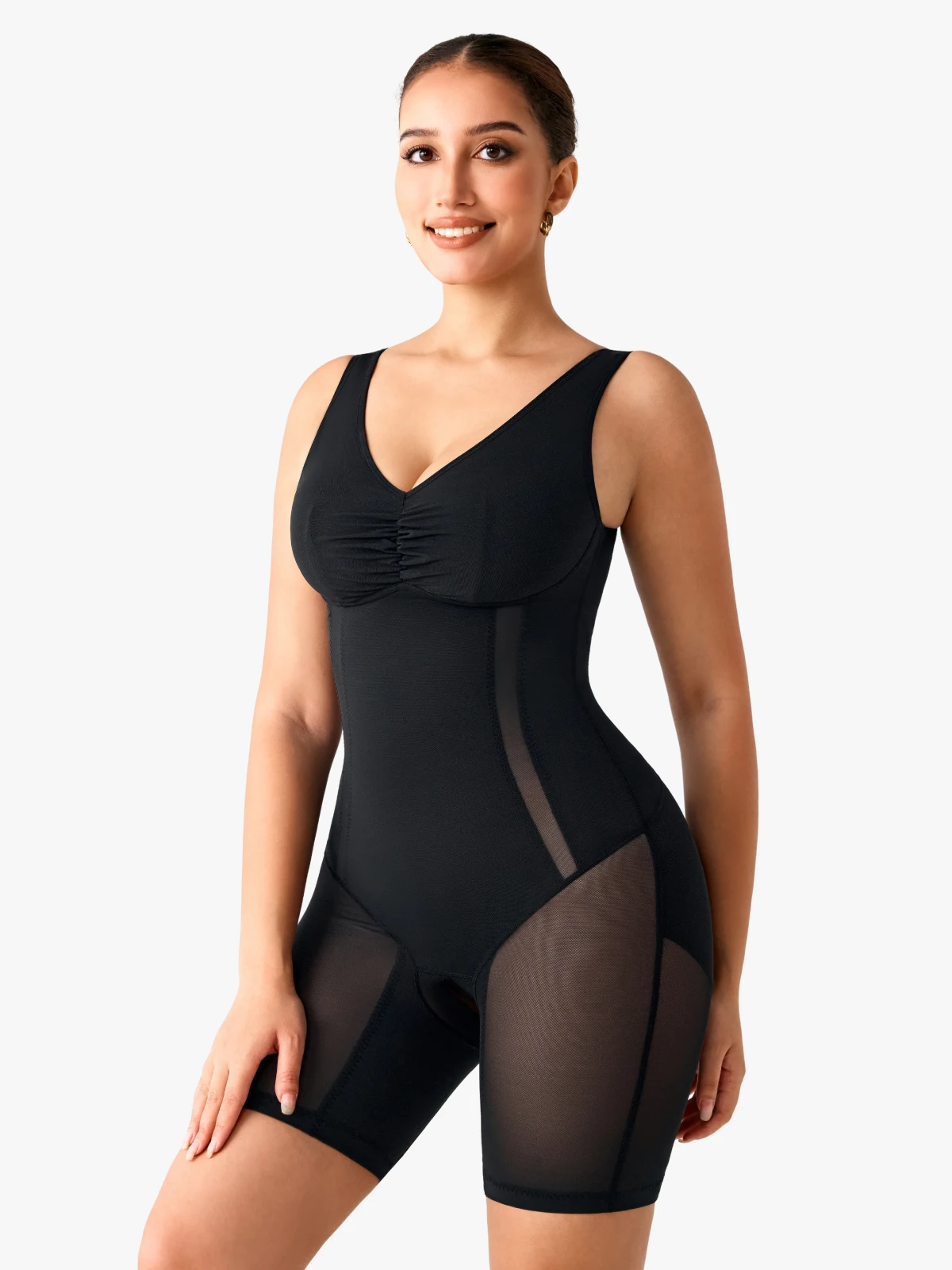 Women Mesh Mid-Thigh Bodysuit Double Smoothing Tank Body Shaper