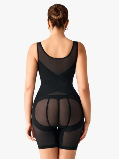 Women Mesh Mid-Thigh Bodysuit Double Smoothing Tank Body Shaper