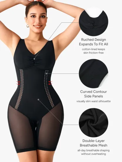 Women Mesh Mid-Thigh Bodysuit Double Smoothing Tank Body Shaper