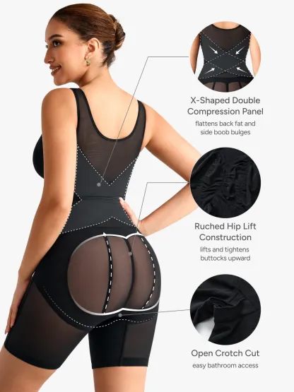 Women Mesh Mid-Thigh Bodysuit Double Smoothing Tank Body Shaper
