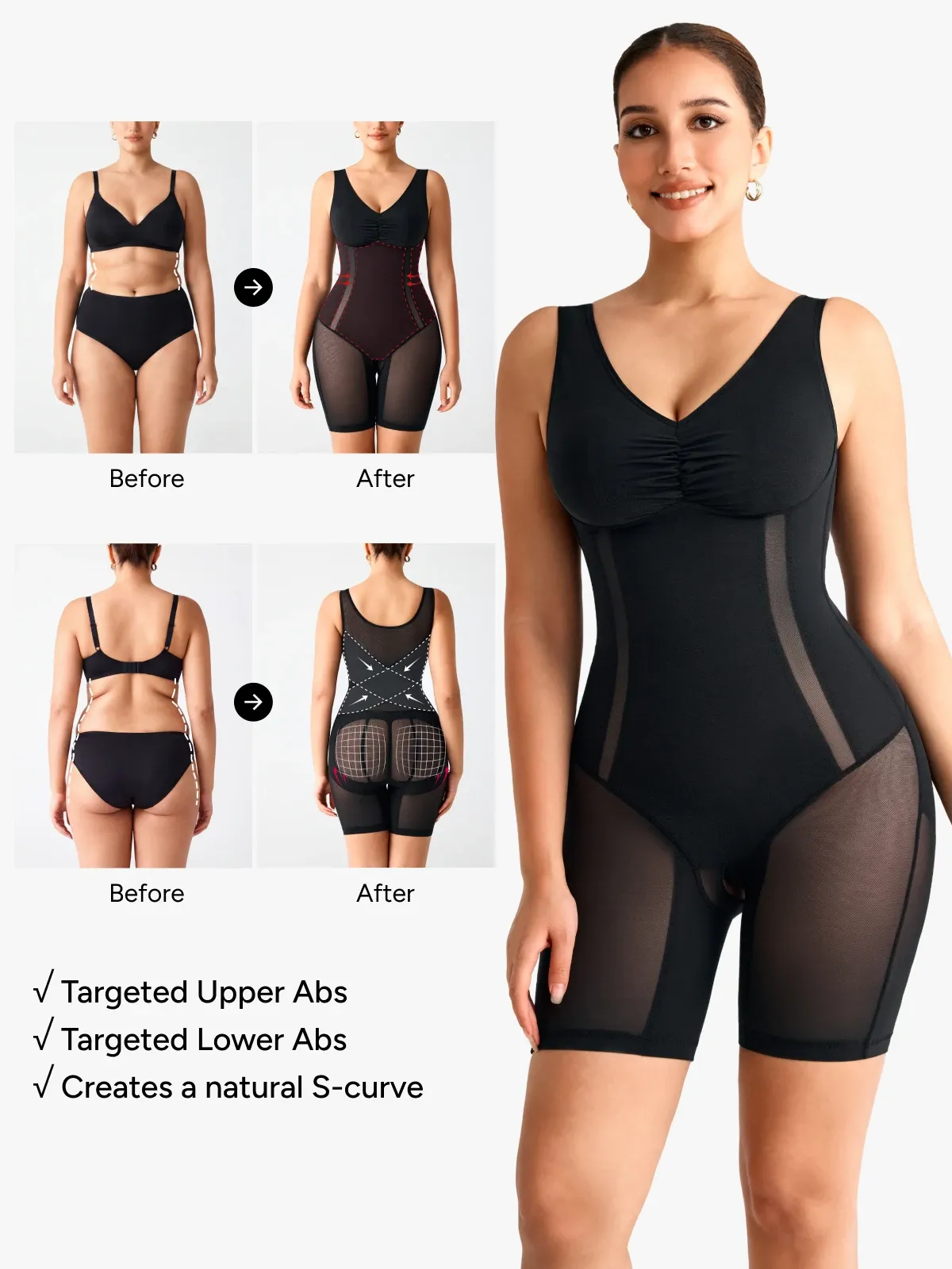 Women Mesh Mid-Thigh Bodysuit Double Smoothing Tank Body Shaper