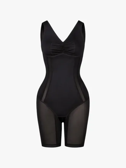 Women Mesh Mid-Thigh Bodysuit Double Smoothing Tank Body Shaper