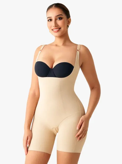 Women Post Surgery Compression Open Bust Mid-Thigh Bodysuit