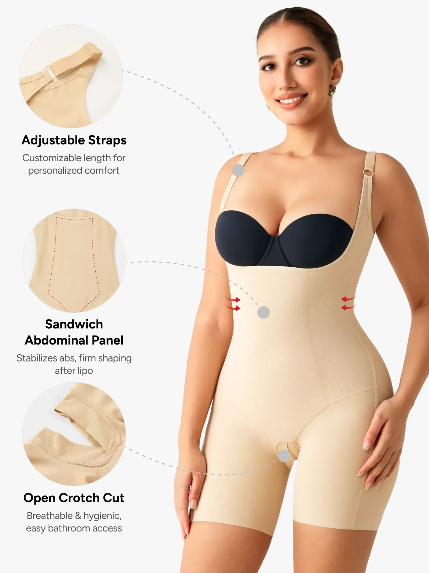 Women Post Surgery Compression Open Bust Mid-Thigh Bodysuit