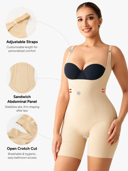 Women Post Surgery Compression Open Bust Mid-Thigh Bodysuit