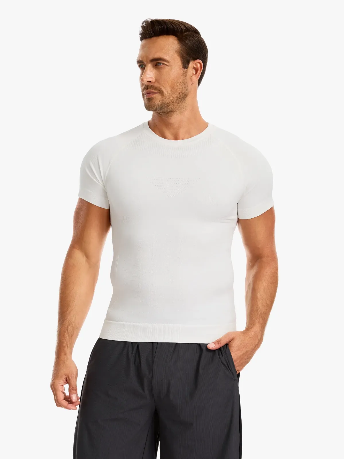 Seamless Crew Neck Compression Shirt Slim Fit Workout Athletic Top For Men
